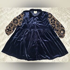 Umgee Velvet Babydoll Button Down Floral Balloon Sleeve Tunic Blouse